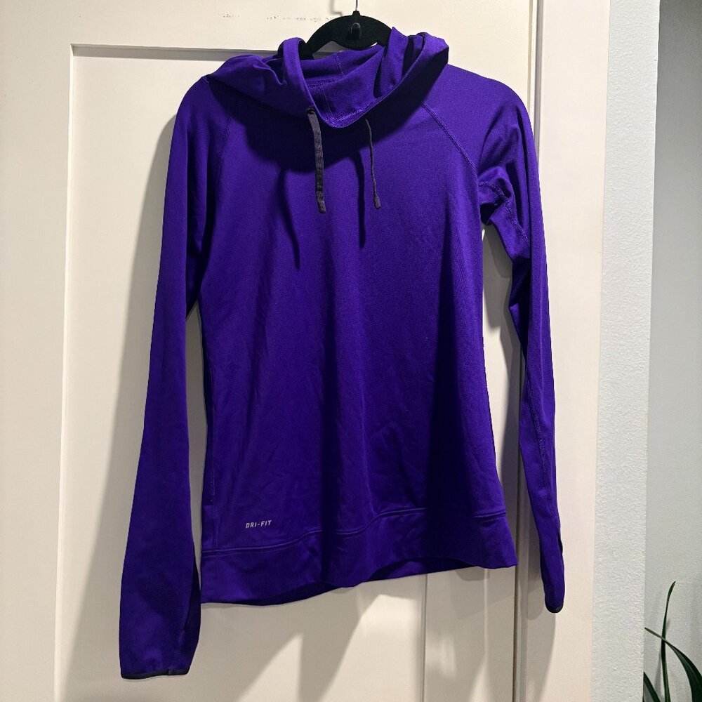 NIKE Pro DRI-FIT Pullover Cowl Neck Hoodie Fleece Lined Loose-Fit Top Purple